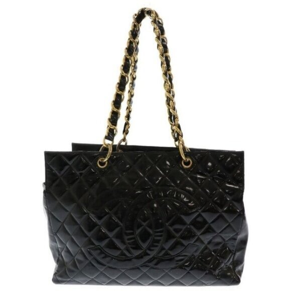 Authentic CHANEL XL Patent Shopping Tote Quilted Chain Shoulder Bag Gold Purse - Picture 3 of 11